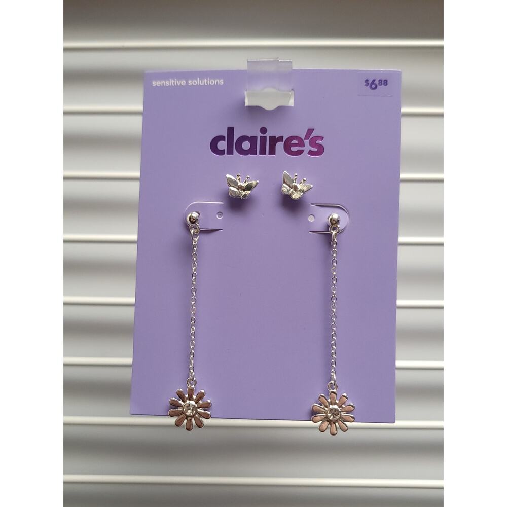 Claires Silver Earrings Daisy Butterfly Stud Drop Earring Girls Womens Jewelry